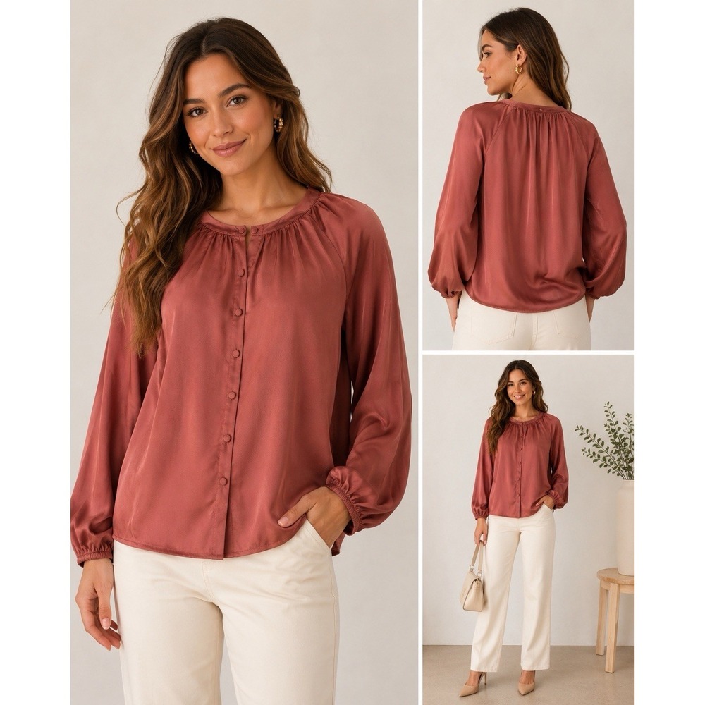 Darling 100% Tencel Blouse Womens L NWT Dusty Rose Button Front Long Sleeve Top